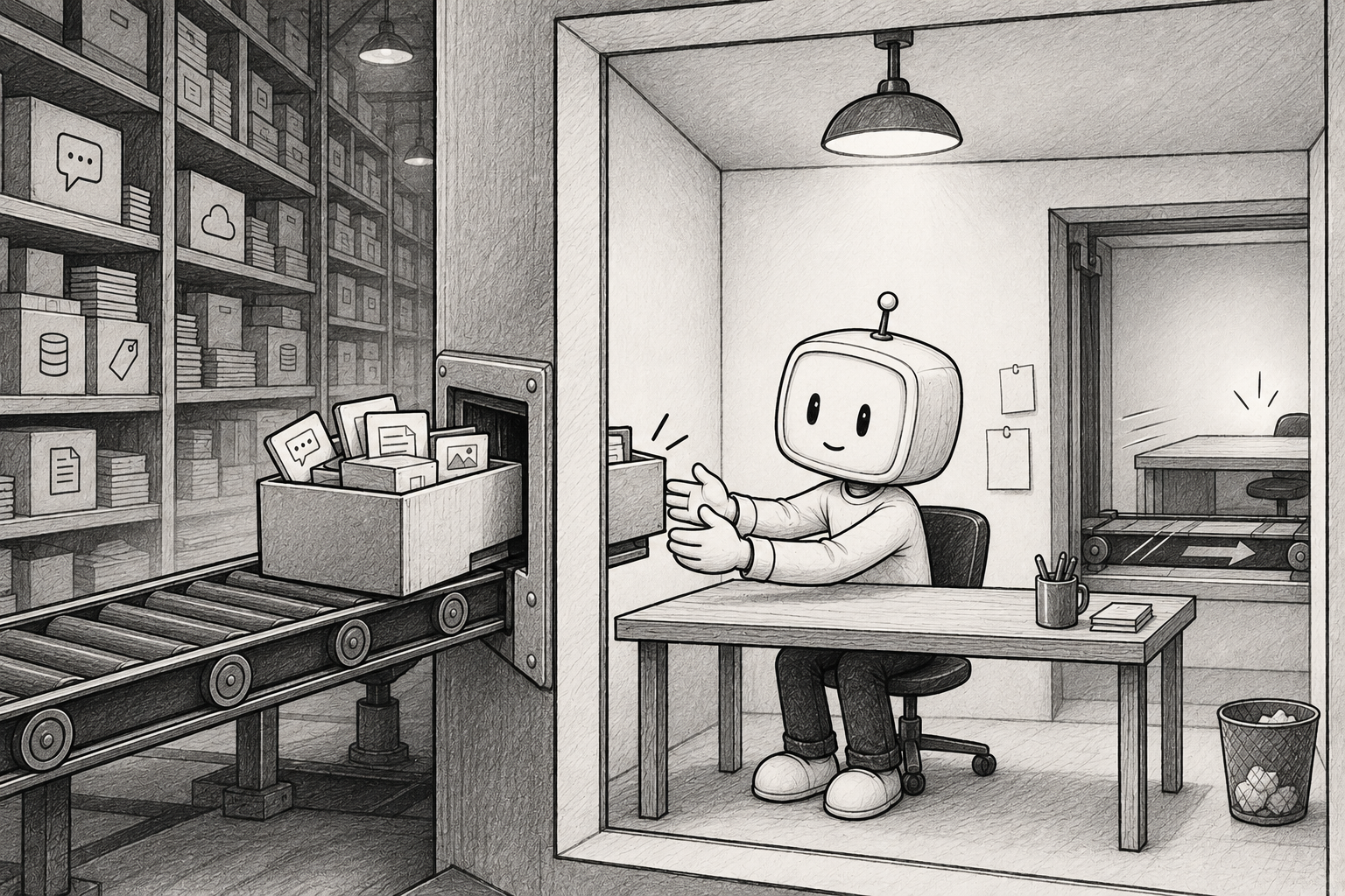 Illustration of a model call receiving supplied conversation state without carrying private memory between calls.
